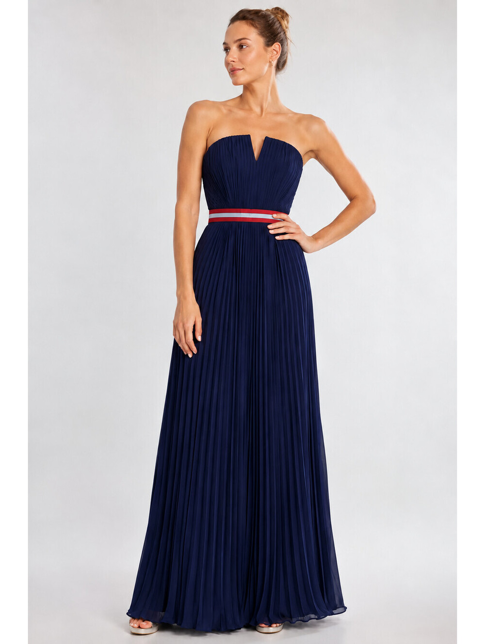 Badgley Mischka Navy Pleated Strapless Gown Striped Belt Formal Dress Sz 4 NWT